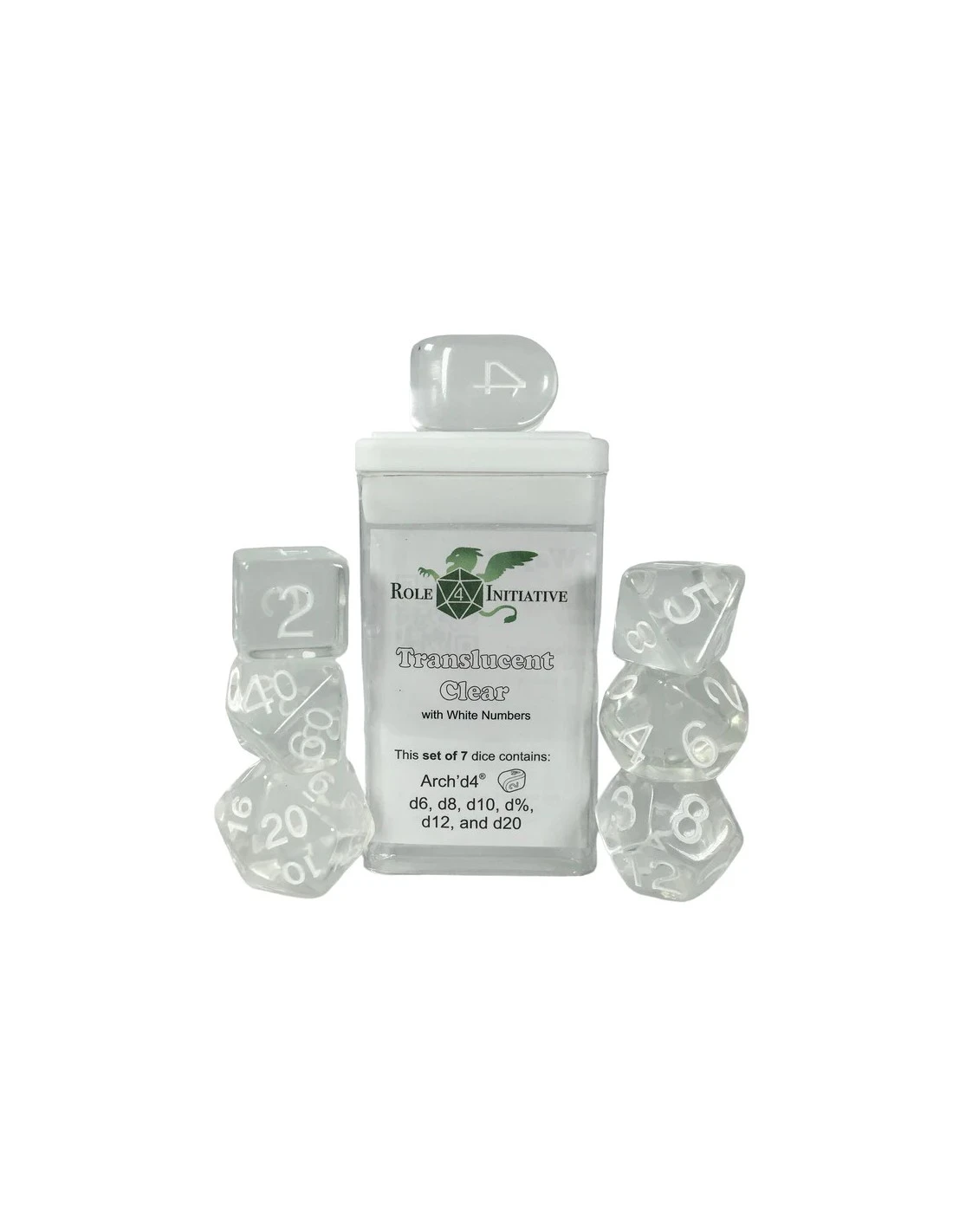 Polyhydral Diceset - 7 Dice: Translucent Clear With White Numbers 3 Polyhydral Diceset - 7 Dice: Translucent Clear With White Numbers