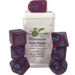 Polyhydral Diceset - 7 Dice: Translucent Dark Purple With Blue Numbers